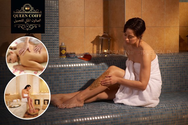 Hammam + gommage + Enveloppement henna et savon marocain + Massage relaxant humide + Epilation jambes complètes ou bras complètes