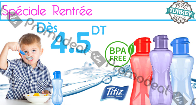 Archivé: Bouteille d’eau et boissons pour enfants en plastique alimentaire Titiz à partir 4.5 DT seulement!