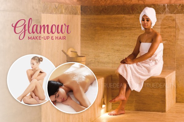 Hammam + Gommage + Enveloppement + Epilation: jambes complètes, bras complètes, aisselles, dos, ventre, maillot intégrale + Brushing + Epilation: sourcils, lèvre supérieure + Pose vernis