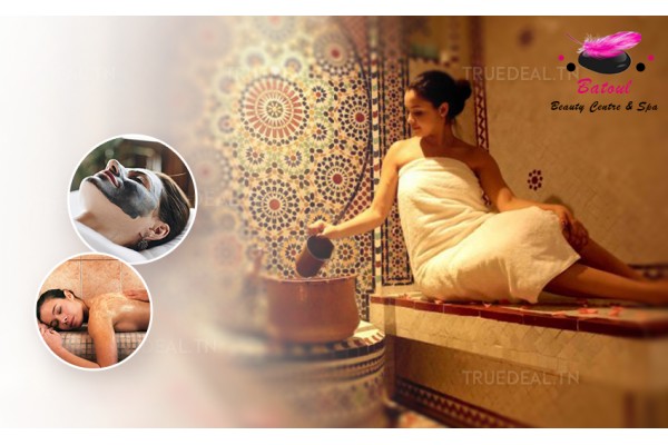 Hammam + Gommage + Enveloppement argile savon noir + Massage relaxant humide (15min) + Brushing